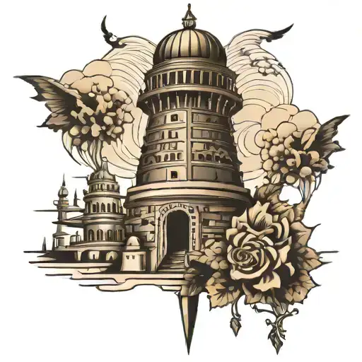 babylon tower black and white tattoo design idea