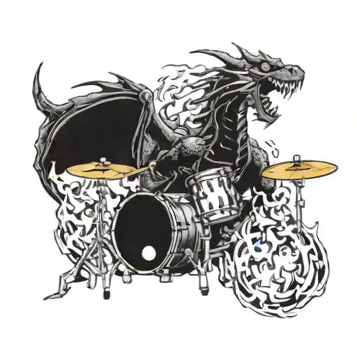 A tattoo design featuring a dragon playing a drum set, incorporating elements of fire to represent your occupation as a firefighter tattoo design idea