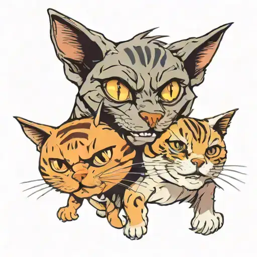 ugly smiling cat playing together tattoo design idea