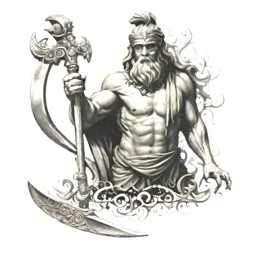 Black and grey tattoo of the Greek god cronos. He is wearing a gold toga. He is holding his scythe. Include a hour glass tattoo design idea