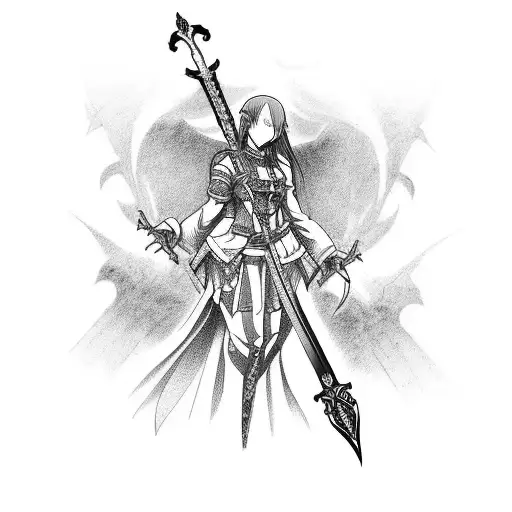 Design a tattoo of a gothic-inspired anime character wielding a sword tattoo design idea