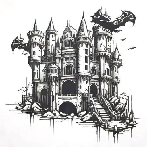 A futuristic cyberpunk castle with mechanical bats flying around it tattoo design idea