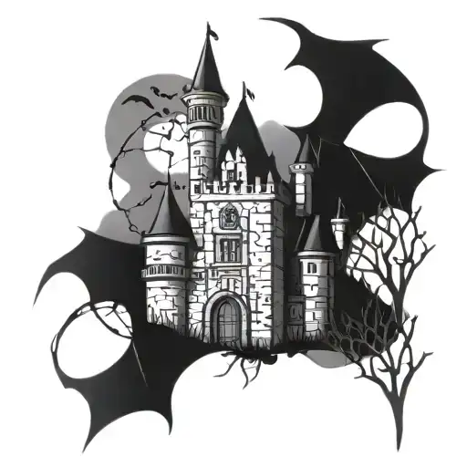 A gothic castle with spiderwebs and bats circling overhead tattoo design idea