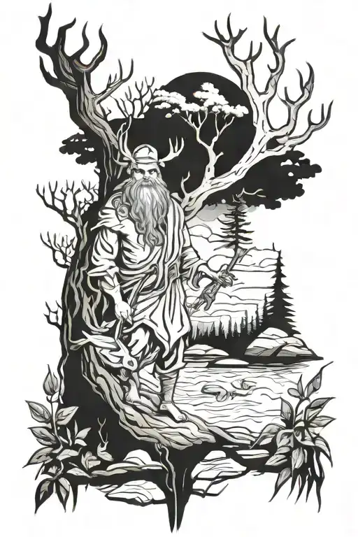leshy by the river  in the forest tattoo design idea