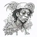 Create a portrait of Wiz Khalifa with 'Taylor Gang' in a unique font tattoo design idea