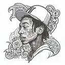Create a portrait of Wiz Khalifa with 'Taylor Gang' in a unique font tattoo design idea