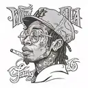 Create a portrait of Wiz Khalifa with 'Taylor Gang' in a unique font tattoo design idea