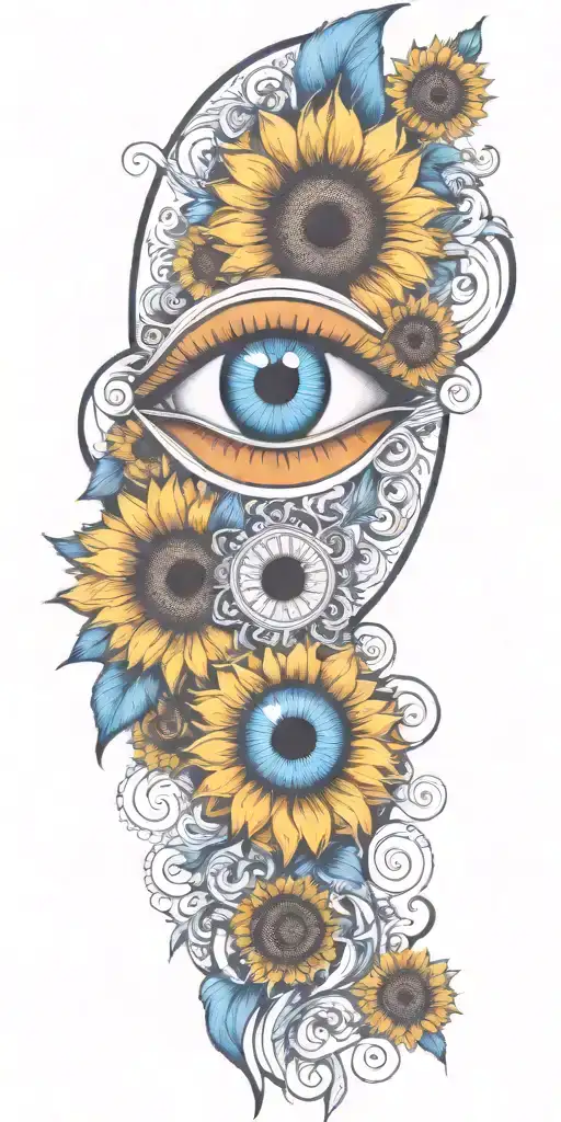 blue eye intergrated with sunflower tattoo design idea