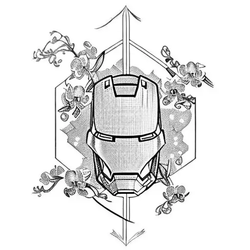 Ironman with Orchids, Bow & Arrow, Smoke, Kishi Kaisei in Japanese vetically. tattoo design idea