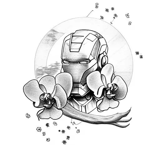 Ironman with Orchids, Bow & Arrow, Smoke, Kishi Kaisei in Japanese vetically. tattoo design idea