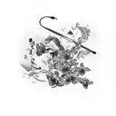 Ironman with Orchids, Bow & Arrow, Smoke, Kishi Kaisei in Japanese vetically. tattoo design idea