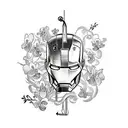 Ironman with Orchids, Bow & Arrow, Smoke, Kishi Kaisei in Japanese vetically. tattoo design idea