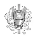 Ironman with Orchids, Bow & Arrow, Smoke, Kishi Kaisei in Japanese vetically. tattoo design idea