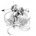 Ironman with Orchids, Bow & Arrow, Smoke, Kishi Kaisei in Japanese vetically. tattoo design idea