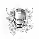Ironman with Orchids, Bow & Arrow, Smoke, Kishi Kaisei in Japanese vetically. tattoo design idea