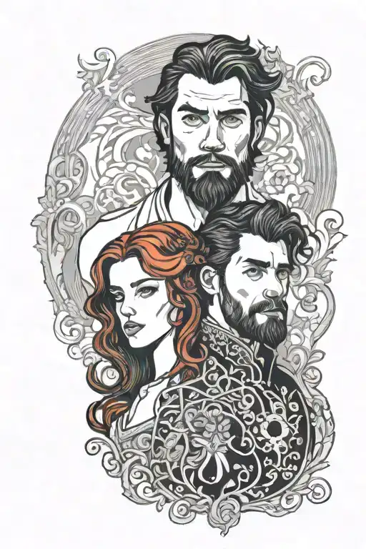 a handsome young bearded man with black hair accompanied by his red-haired princess tattoo design idea