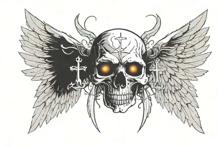 Skull facing towartds With A christian Cross On Forehead With Angelic Wings Spread wide. With light out of eyes mouth tattoo design idea