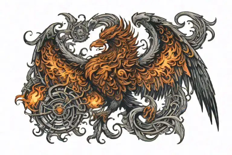 Prideful burning with flames Phoenix With Wings Spread very Wide with very detailed head tattoo design idea