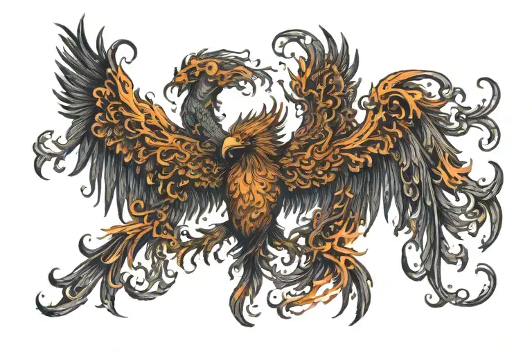 Prideful burning with flames Phoenix With Wings Spread very Wide with very detailed head tattoo design idea