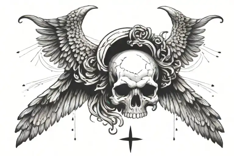 Skull facing towartds With A christian Cross On Forehead With Angelic Wings Spread wide. With light out of eyes mouth tattoo design idea