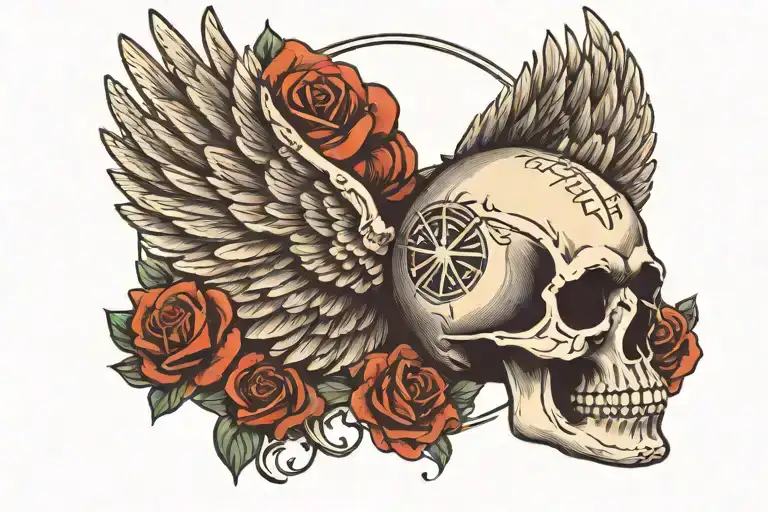 Skull With A Cross On Forehead With Angelic Wings Spread evenely tattoo design idea