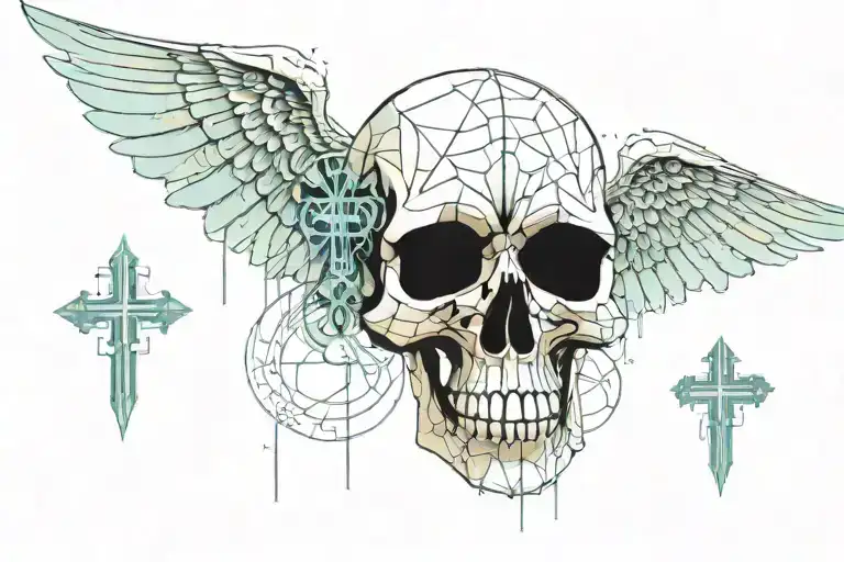 Skull with a cross on forehead with angelic wings spread wide tattoo design idea