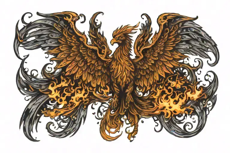 Prideful burning with flames Phoenix With Wings Spread very Wide with very detailed head tattoo design idea