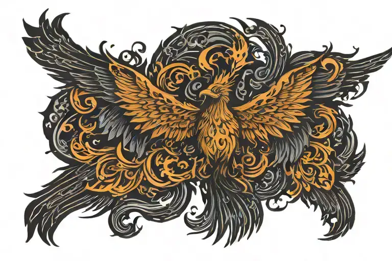 Prideful burning with flames Phoenix With Wings Spread very Wide with very detailed head tattoo design idea