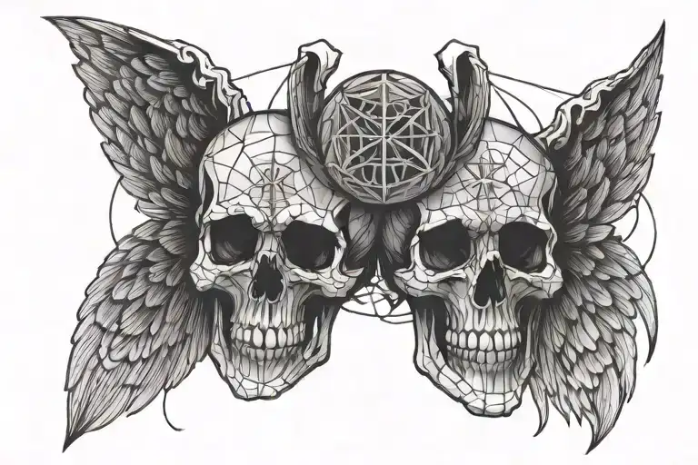 Skull facing towartds With A christian Cross On Forehead With Angelic Wings Spread wide from my shoulder to shoulder. tattoo design idea