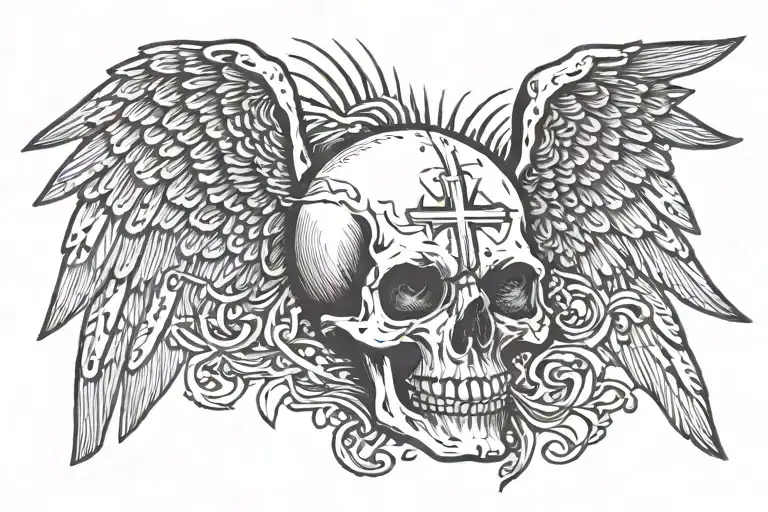 Skull facing towartds With A christian Cross On Forehead With Angelic Wings Spread wide. With glow out of eyes mouth tattoo design idea
