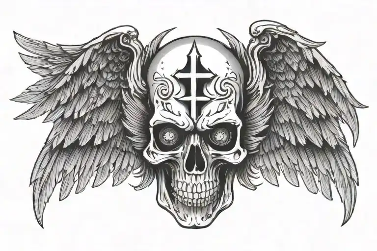 Skull facing towartds With A christian Cross On Forehead With Angelic Wings Spread wide. With glow out of eyes mouth tattoo design idea
