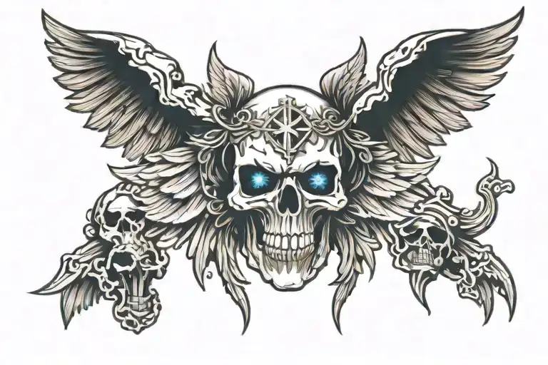 Skull facing towartds With A christian Cross On Forehead With Angelic Wings Spread wide. With light out of eyes mouth tattoo design idea