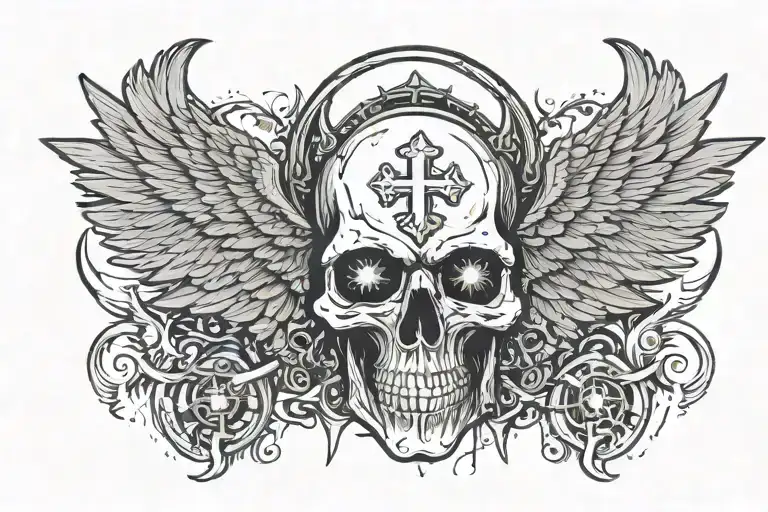 Skull facing towartds With A christian Cross On Forehead With Angelic Wings Spread wide. With glow out of eyes mouth tattoo design idea