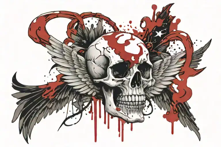 Skull With A christian Cross On Forehead With Angelic Wings Spread wide evenely. Skull in the middle facing towards tattoo design idea