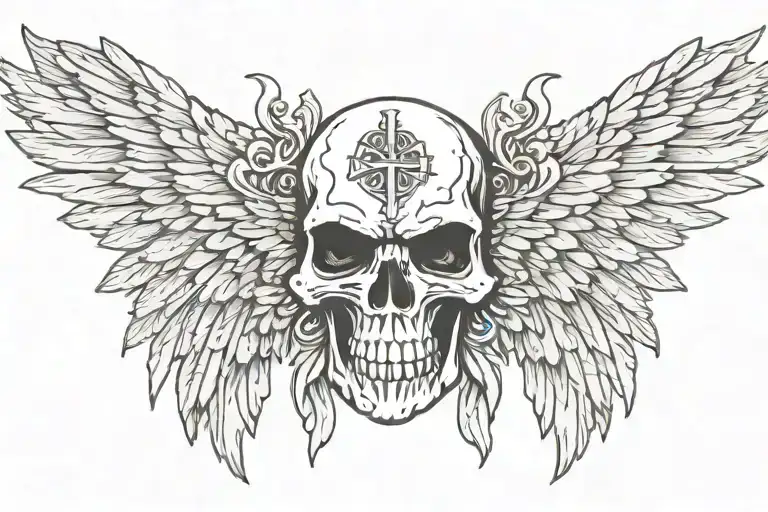 Skull facing towartds With A christian Cross On Forehead With Angelic Wings Spread wide. With light out of eyes mouth tattoo design idea