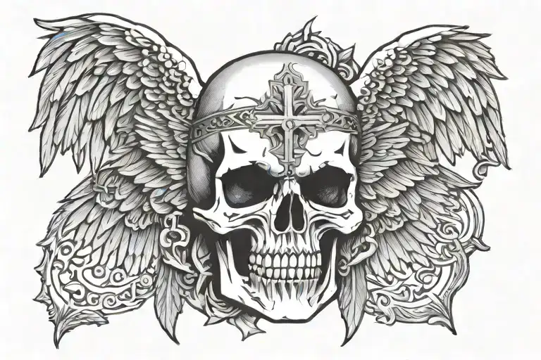 Skull facing towartds With A christian Cross On Forehead With Angelic Wings Spread wide. With light out of eyes mouth tattoo design idea