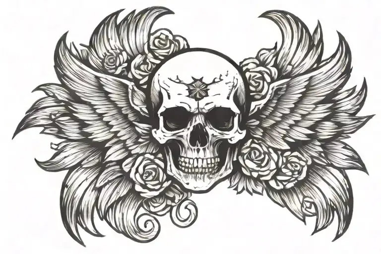 Skull With A christian Cross On Forehead With Angelic Wings Spread wide evenely. Skull in the middle facing towards tattoo design idea