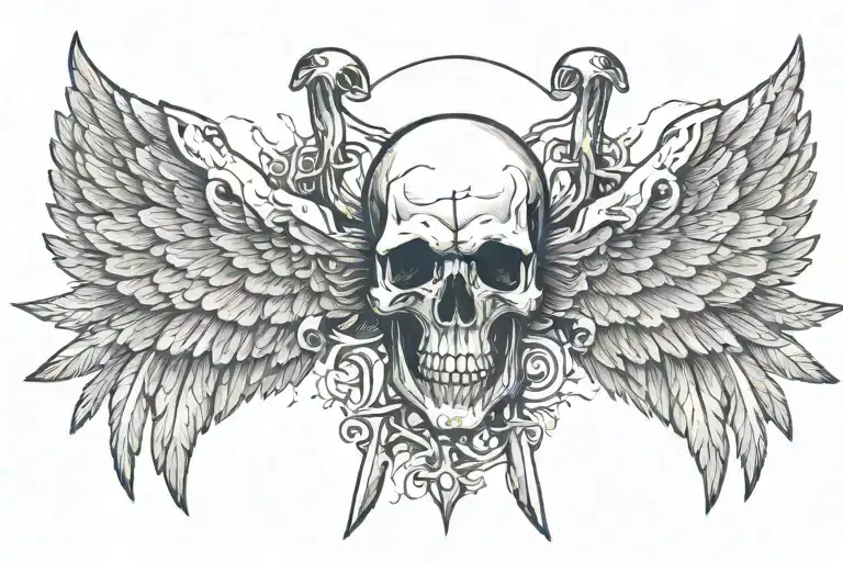 Skull facing towartds With A christian Cross On Forehead With Angelic Wings Spread wide from my shoulder to shoulder. tattoo design idea