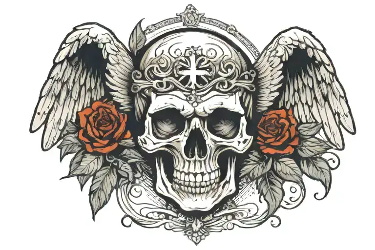 Skull With A Cross On Forehead With Angelic Wings Spread evenely. Skull in the middle facing towards. Without flowers tattoo design idea