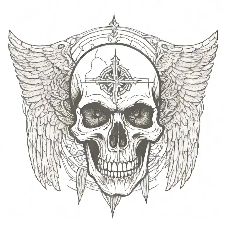 Skull facing towartds With A christian Cross On Forehead With Angelic Wings Spread tattoo design idea