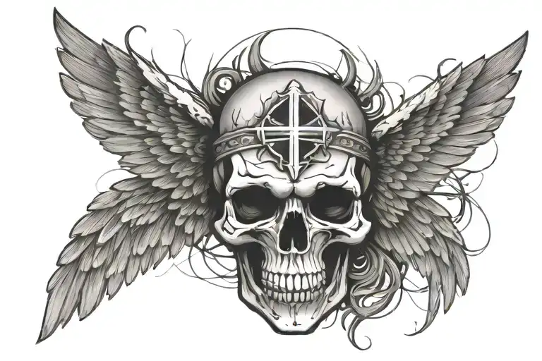 Skull facing towartds With A christian Cross On Forehead With Angelic Wings Spread wide tattoo design idea