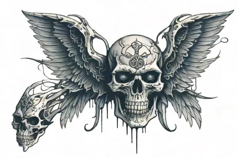 Skull facing towartds With A christian Cross On Forehead With Angelic Wings Spread wide. With light out of eyes mouth tattoo design idea