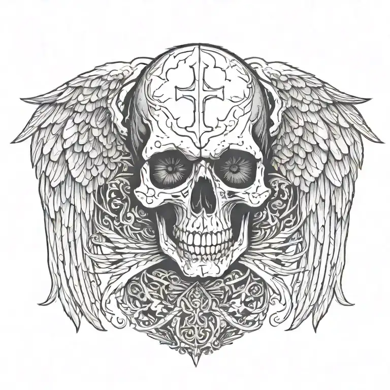 Skull facing towartds With A christian Cross On Forehead With Angelic Wings Spread wide from my shoulder to shoulder. tattoo design idea