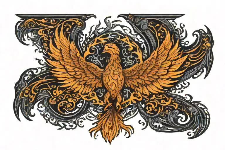 Prideful burning with flames Phoenix With Wings Spread very Wide with very detailed head tattoo design idea