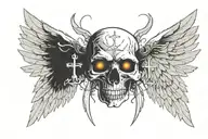 Skull facing towartds With A christian Cross On Forehead With Angelic Wings Spread wide. With light out of eyes mouth tattoo design idea