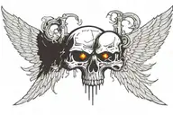 Skull facing towartds With A christian Cross On Forehead With Angelic Wings Spread wide. With light out of eyes mouth tattoo design idea