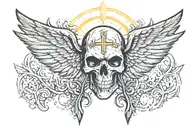 Skull facing towartds With A christian Cross On Forehead With Angelic Wings Spread wide. With light out of eyes mouth tattoo design idea