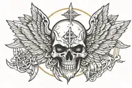 Skull facing towartds With A christian Cross On Forehead With Angelic Wings Spread wide. With light out of eyes mouth tattoo design idea