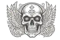 Skull facing towartds With A christian Cross On Forehead With Angelic Wings Spread wide. With light out of eyes mouth tattoo design idea