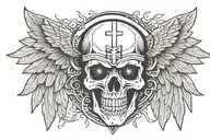 Skull facing towartds With A christian Cross On Forehead With Angelic Wings Spread wide. With light out of eyes mouth tattoo design idea